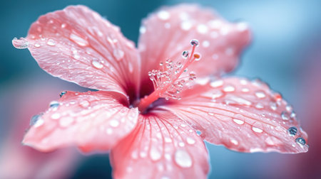 A delicate wildflower with tiny water droplets clinging to its petals, set against a blurred natural background for a soft focus effect.の素材