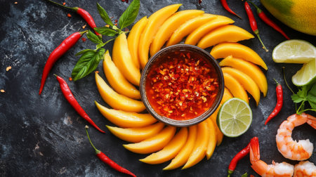 A vibrant display of fresh mango slices arranged around a bowl of spicy chili dip, accompanied by shrimp and lime, perfect for a tropical appetizer.の素材