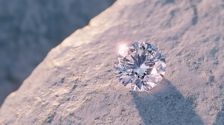 A detailed shot of a single diamond with exceptional cut and shine, resting on a smooth white surface, highlighting its clarity and brilliance.の素材