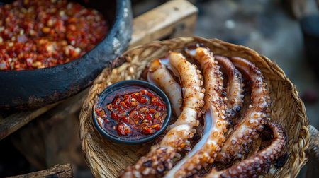 A detailed view of grilled squid tentacles, with a caramelized, crispy exterior and a juicy interior, served with a side of spicy chili sauce.の素材