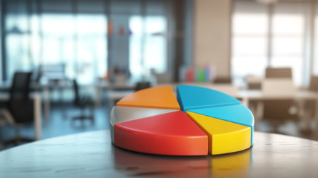 A vibrant pie chart rests on a wooden table, symbolizing data analysis in a modern office. The blurred background features a professional workspace, highlighting creativity and innovation in business.の素材