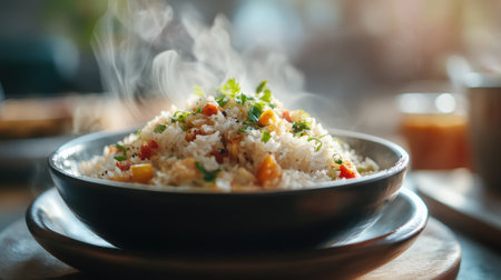 A comforting image of a steaming bowl of hot rice being served onto a plate, with a side of savory sauce and a garnish of fresh herbs.の素材