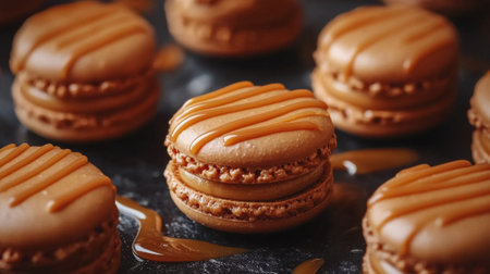 Tempting caramel macarons elegantly drizzled with sauce, showcased on a dark background. Ideal for dessert lovers and gourmet food enthusiasts.の素材