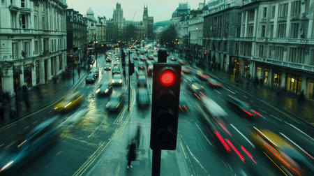 A captivating urban traffic scene featuring a red traffic light amidst a flurry of motion. The image encapsulates the dynamic flow of vehicles and pedestrians in a bustling city environment.の素材