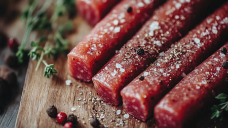 A close-up of raw pork sausages arranged on a wooden board, with a sprinkle of black pepper and herbs, highlighting their plump texture and natural casing.の素材