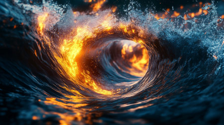 A stunning ocean wave is illuminated by flames, creating a mesmerizing blend of fire and water. This dramatic scene captures the raw energy of nature's elements.の素材