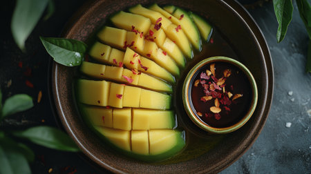 Delight in fresh mango slices elegantly arranged next to a sweet syrup, garnished with edible flowers, perfect for a vibrant summer treat.の素材