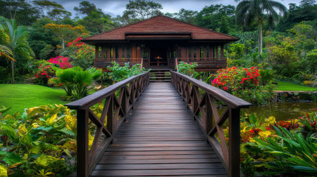 A scenic wooden bridge connects to a tropical house amidst vibrant flowers and lush greenery. This serene setting captures the essence of natural beauty.の素材