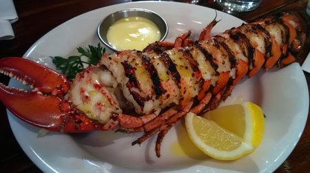 A succulent lobster tail grilled to perfection, with a side of melted butter and lemon wedges, showcasing its rich, juicy texture.の素材