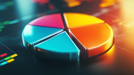 A vibrant pie chart in blue, orange, pink, and green showcases financial data analysis against a blurred digital background, illustrating business insights and strategy.の素材