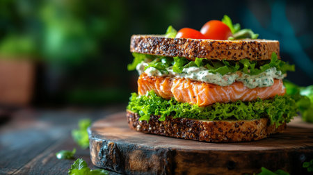 A fresh salmon sandwich layered with vibrant greens and ripe tomatoes, served on a rustic wooden board, capturing a healthy and appetizing meal.の素材
