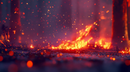 Captivating forest fire scene featuring glowing embers, soft smoke, and vibrant colors, creating a dramatic atmosphere of nature's intense beauty and danger.の素材