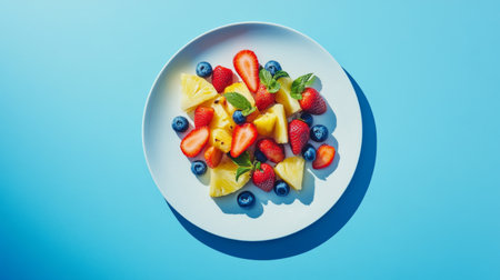 A vibrant and colorful fruit salad featuring strawberries, blueberries, and pineapple on a light blue background, perfect for promoting healthy eating.の素材