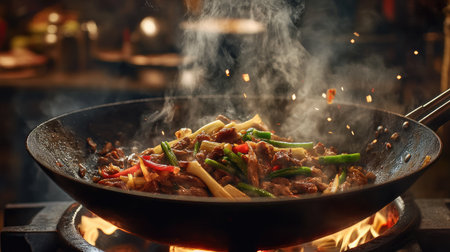 A wok filled with hot, sizzling stir-fry, with vegetables and meat cooking rapidly, steam rising and the aroma of a flavorful meal in the air.の素材