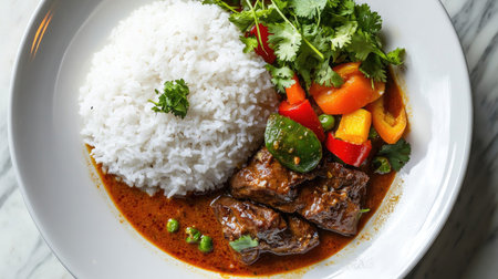 A top-down view of a traditional Thai meal featuring a bowl of hot steamed rice, accompanied by colorful curries and garnished with fresh herbs.の素材