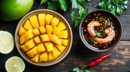 Enjoy a vibrant presentation of fresh mango slices accompanied by shrimp in a spicy dipping sauce, showcasing colorful ingredients for a gourmet experience.の素材