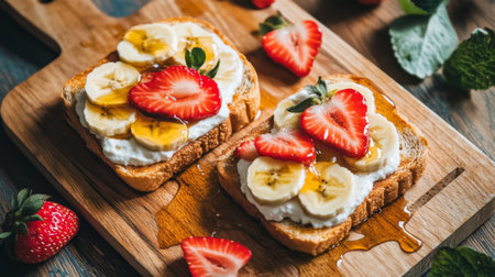 A beautiful arrangement of toast topped with fresh strawberries, banana slices, and a drizzle of honey. Perfect for a wholesome breakfast or snack.の素材