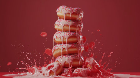 A vibrant stack of donuts coated in glaze and red sprinkles sits atop a splash of sugary syrup against a vivid red backdrop, evoking joy and indulgence.の素材