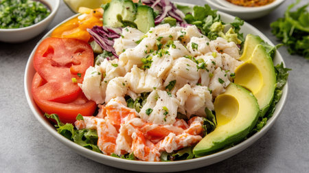 A vibrant seafood salad featuring mixed greens, fresh crab meat, avocado slices, and a light vinaigrette, showcasing the variety of seafood ingredients.の素材