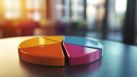 A vibrant pie chart model in orange, pink, blue, and more sits on a sleek table in a modern office. Ideal for business presentations and data analysis themes.の素材