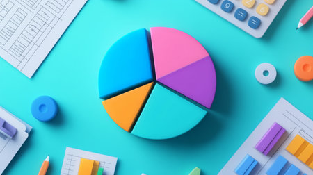 A vibrant 3D pie chart sits atop a bright workspace. Surrounding the chart are various office supplies and data sheets, emphasizing analysis and planning in a creative environment.の素材