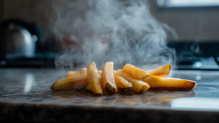 Steaming hot fries sit on a kitchen countertop, showcasing their crispy texture and delicious aroma. Perfect as a snack or side dish!の素材