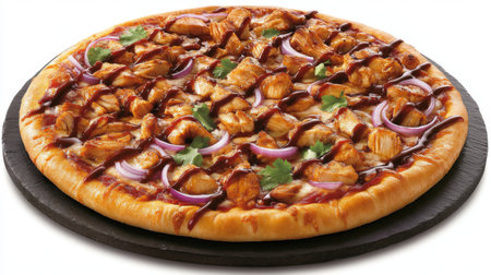 A scrumptious barbecue chicken pizza topped with fresh herbs and onion slices, perfect for any meal or gathering. Enjoy this flavorful culinary delight!の素材