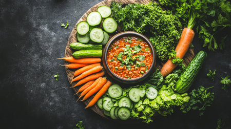 A vibrant arrangement of fresh vegetables including cucumber, carrot, and kale, served with a savory dip in a rustic bowl on a wooden plate. Perfect for healthy eating and meal prep.の素材