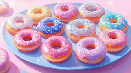 A vibrant array of colorful donuts adorned with icing and sprinkles, arranged beautifully on a pastel plate, perfect for any celebration or snack time indulgence.の素材