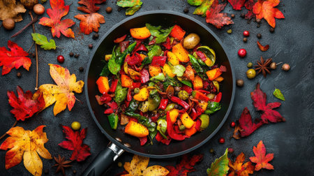A vibrant shot of a frying pan with sizzling vegetables and spices, captured from above to highlight the colorful and appetizing dish being prepared.の素材