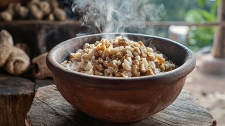 A steaming bowl of a nutty grain dish sits on a rustic wooden surface. The warm meal highlights healthy ingredients and evokes comfort and tradition. Perfect for culinary inspiration.の素材