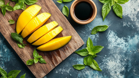 Bright mango slices sit on a rustic wooden board, surrounded by fresh basil leaves and a bowl of dark sauce. Perfect for a vibrant, healthy dish.の素材