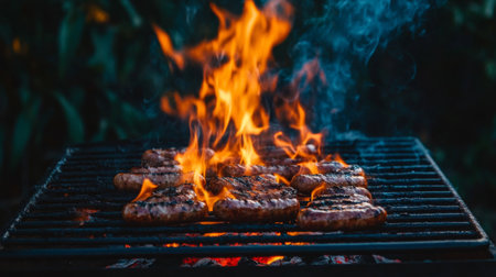 Exciting scene of juicy meat sizzling on a grill, engulfed in flames and smoke. Perfect for showcasing outdoor cooking, barbecue culture, and summer gatherings.の素材