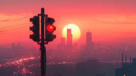A traffic light changing from red to orange, capturing the moment of transition with a cityscape in the background.の素材