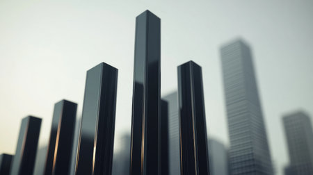 An abstract representation of a city skyline featuring vertical bars against a blurred urban background, highlighting modern architecture and geometric lines.の素材