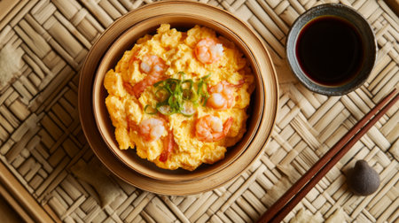 A beautifully arranged shrimp omelette served in a bamboo bowl, accompanied by soy sauce. The vibrant yellow color and fresh ingredients create an enticing dish.の素材