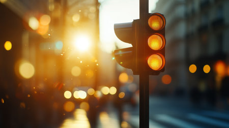 A vibrant traffic light displaying an orange signal during a stunning sunset in an urban environment, creating a warm and inviting backdrop with blurred city elements.の素材