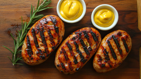 Savor the taste of grilled sausages served with mustard and fresh herbs on a wooden board. Perfect for summer barbeques and delightful meal moments.の素材