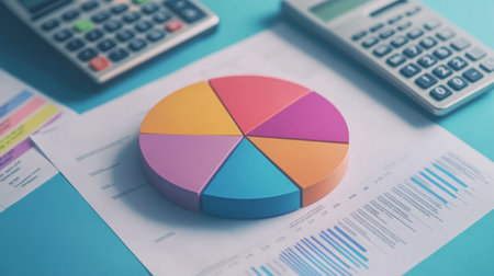 A vibrant pie chart is displayed on a desk surrounded by calculators and financial documents, symbolizing data analysis and strategic planning in the workplace.の素材