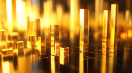 A D rendering of a gold bar chart on a reflective surface, with bars of varying heights, representing the historical growth of gold prices.の素材