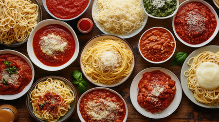 An overhead shot of a family dinner table featuring multiple plates of spaghetti, with various sauces and sides, capturing the joy of shared meals.の素材