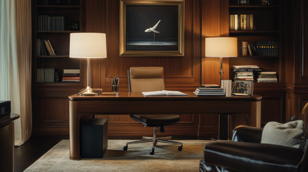 An elegant home office setup with a minimalistic desk, ergonomic chair, and decorative items, showcasing a cozy yet productive atmosphere.の素材