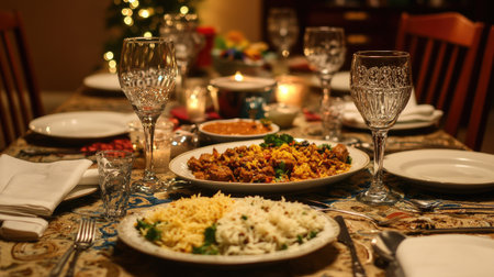 An elegant table setting featuring a thali with various Indian dishes like biryani, raita, and curry, beautifully arranged on a traditional plate for a festive meal.の素材