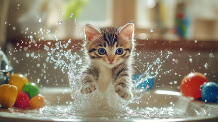 An endearing photo of a kitten splashing in a small sink, surrounded by toys, capturing the joyful and adventurous spirit of young cats.の素材