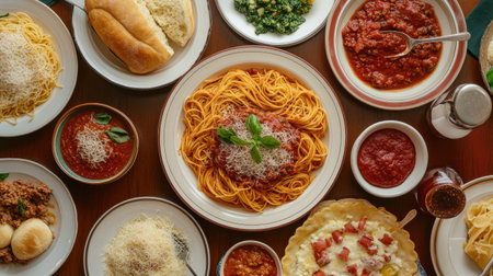 An overhead shot of a family dinner table featuring multiple plates of spaghetti, with various sauces and sides, capturing the joy of shared meals.の素材