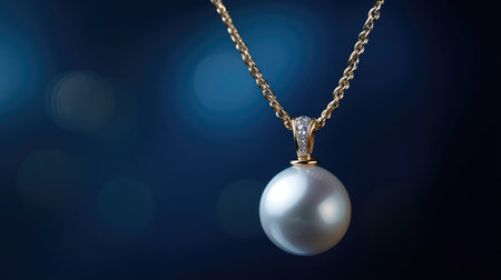 An exquisite pearl pendant hanging from a delicate gold chain, placed against a deep blue background, highlighting the luminous quality of the pearl.の素材