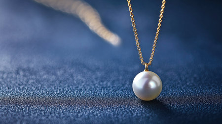 An exquisite pearl pendant hanging from a delicate gold chain, placed against a deep blue background, highlighting the luminous quality of the pearl.の素材