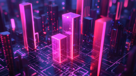 A D bar graph with glowing bars on a futuristic digital interface, surrounded by holographic data points, representing advanced analytics and tech innovation.の素材