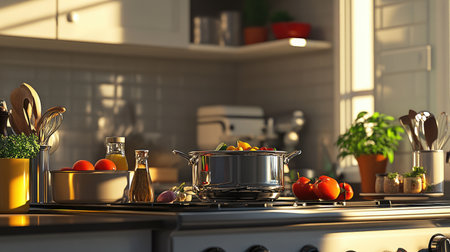 An inviting kitchen scene featuring a shiny stainless steel pot on the stove, with ingredients prepared and ready to cook, emphasizing the joy of culinary creation.の素材