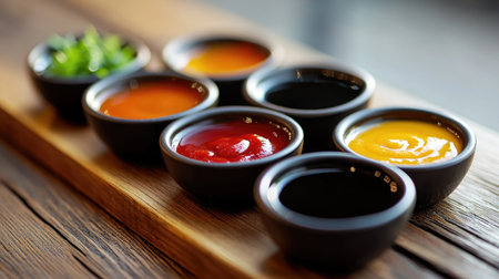 A close-up of a colorful array of sauces in small bowls, including ketchup, mustard, barbecue, and salsa, beautifully arranged on a rustic wooden table for a summer barbecue.の素材